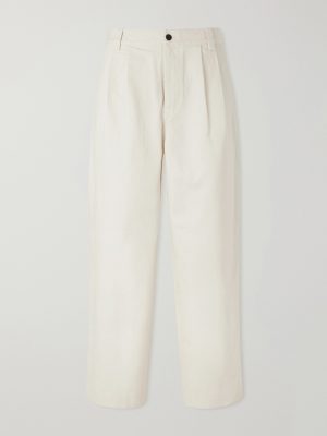 Straight-Leg Pleated Herringbone Cotton Trousers