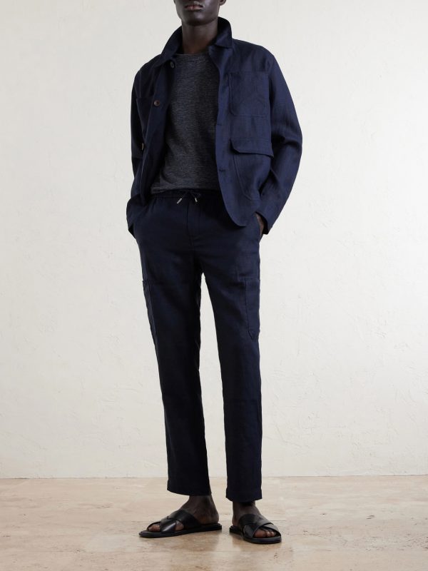 James Tapered Linen Drawstring Cargo Trousers - OU James Tapered Linen Drawstring Cargo Trousers - OU