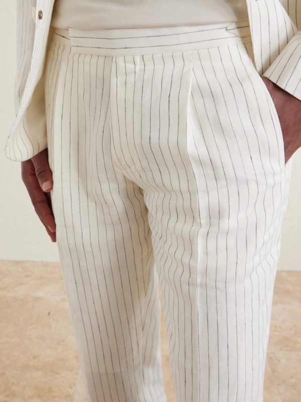 Tapered Pleated Pinstriped Linen Suit Trousers - CU Tapered Pleated Pinstriped Linen Suit Trousers - CU