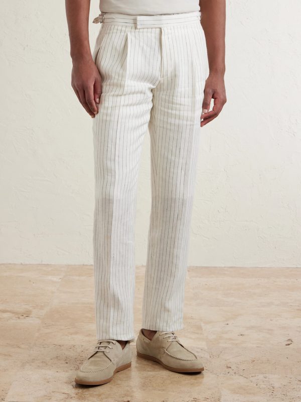Tapered Pleated Pinstriped Linen Suit Trousers - FR Tapered Pleated Pinstriped Linen Suit Trousers - FR
