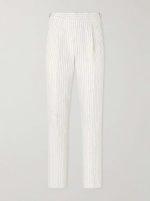 Tapered Pleated Pinstriped Linen Suit Trousers