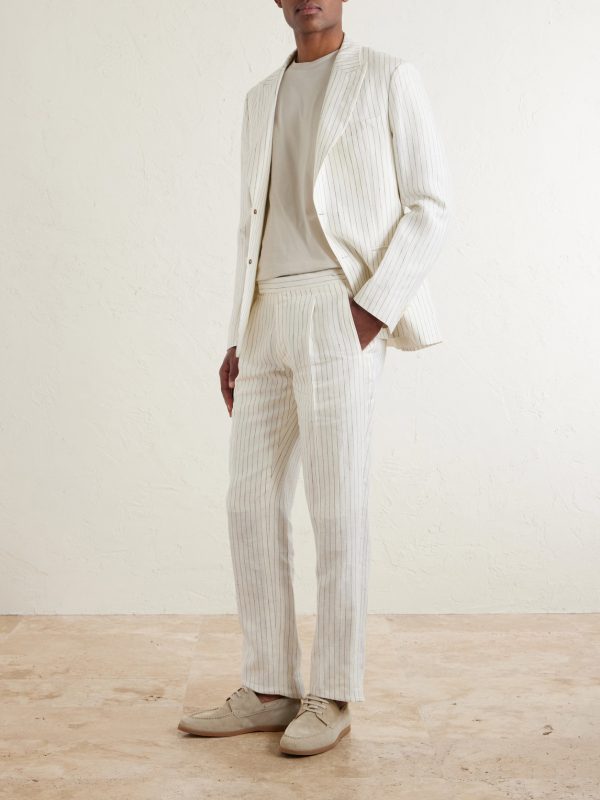 Tapered Pleated Pinstriped Linen Suit Trousers - OU Tapered Pleated Pinstriped Linen Suit Trousers - OU