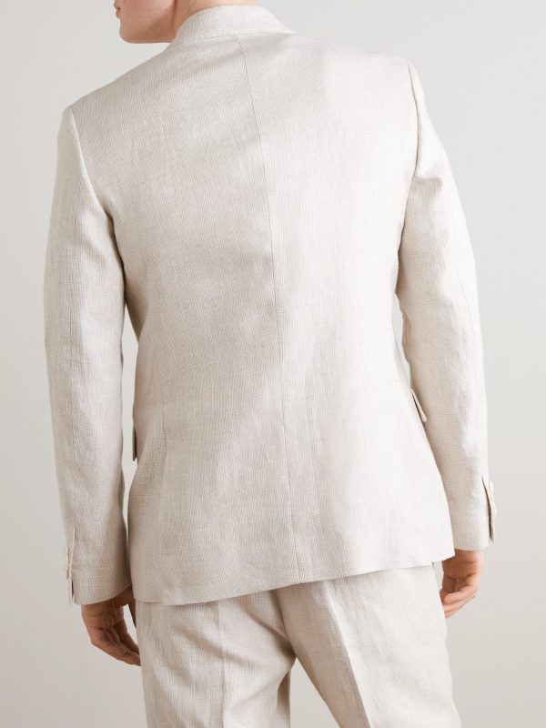 Double-Breasted Houndstooth Linen Suit Jacket - BK Double-Breasted Houndstooth Linen Suit Jacket - BK