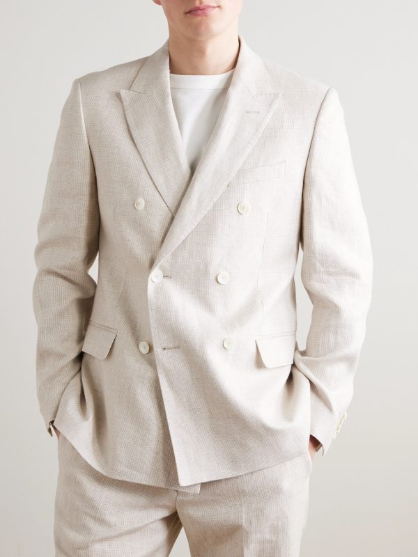 Double-Breasted Houndstooth Linen Suit Jacket - FR Double-Breasted Houndstooth Linen Suit Jacket - FR