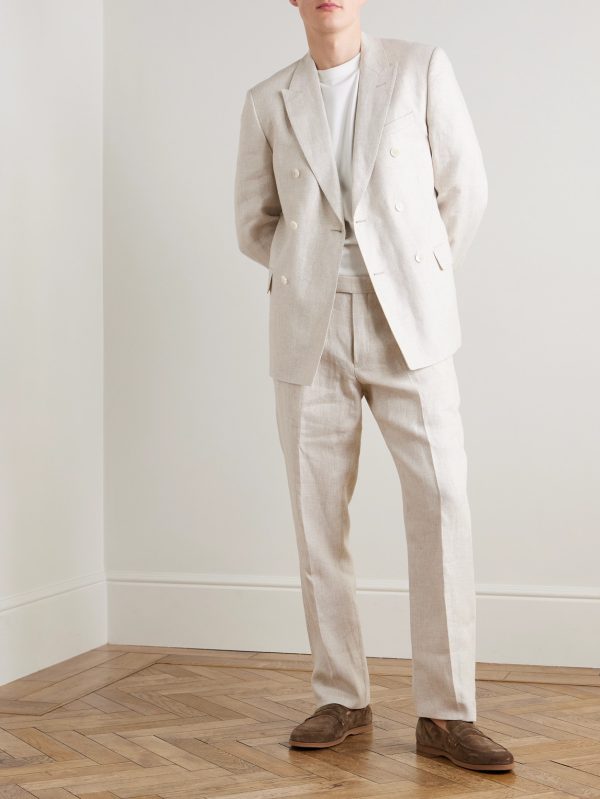 Double-Breasted Houndstooth Linen Suit Jacket - OU Double-Breasted Houndstooth Linen Suit Jacket - OU