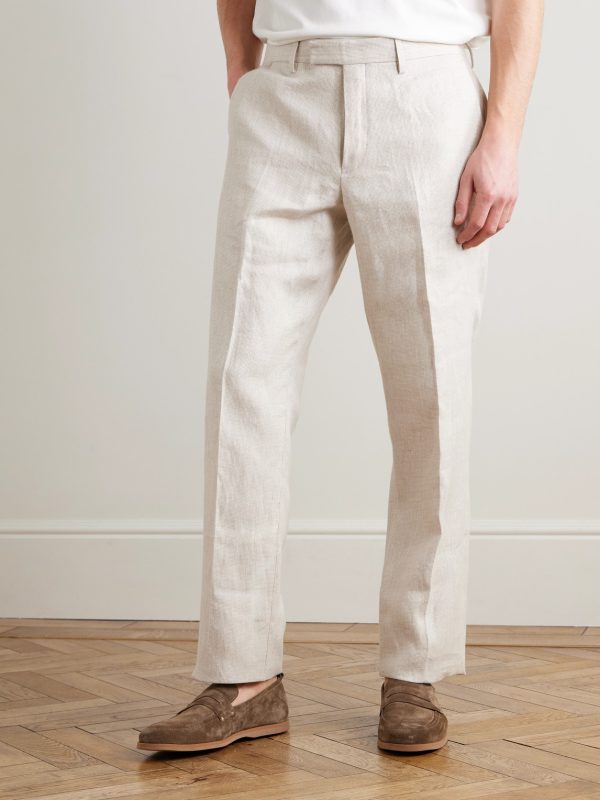 Straight-Leg Houndstooth Linen Trousers - FR