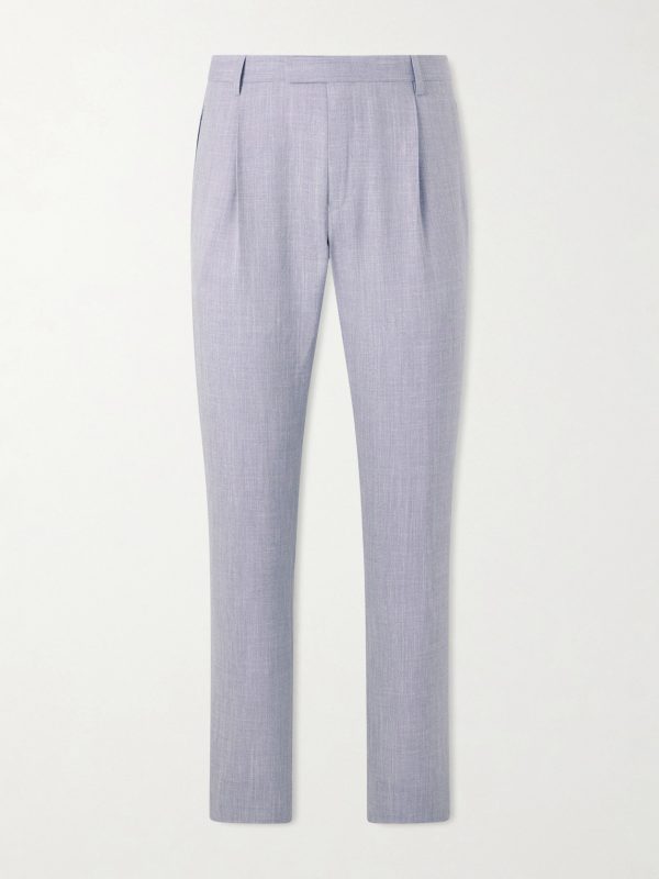 Straight-Leg Pleated Wool, Silk and Linen-Blend Suit Trousers