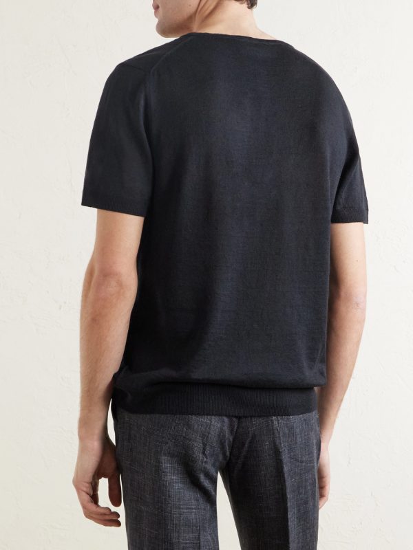 Pointelle-Knit Linen and Cotton-Blend Henley T-Shirt - BK Pointelle-Knit Linen and Cotton-Blend Henley T-Shirt - BK