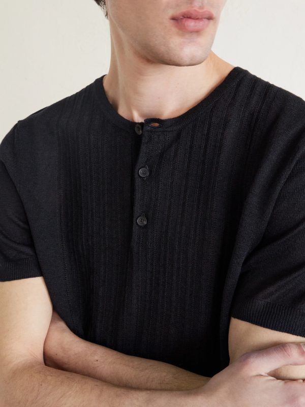 Pointelle-Knit Linen and Cotton-Blend Henley T-Shirt - CU Pointelle-Knit Linen and Cotton-Blend Henley T-Shirt - CU