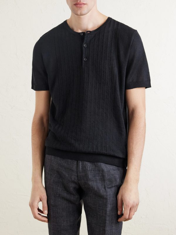 Pointelle-Knit Linen and Cotton-Blend Henley T-Shirt - FR Pointelle-Knit Linen and Cotton-Blend Henley T-Shirt - FR