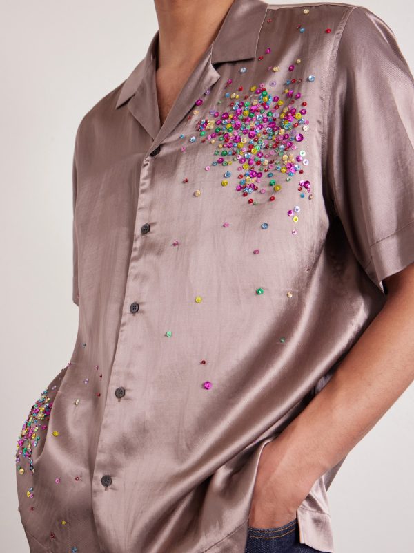 Convertible-Collar Embellished Satin Shirt - CU Convertible-Collar Embellished Satin Shirt - CU