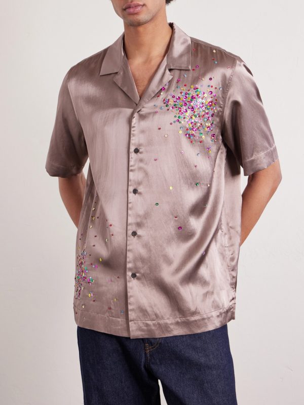 Convertible-Collar Embellished Satin Shirt - FR Convertible-Collar Embellished Satin Shirt - FR