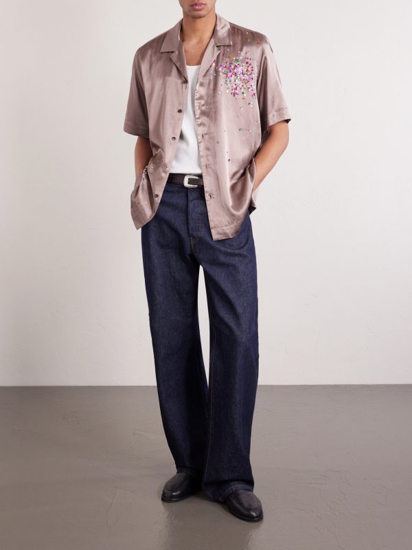 Convertible-Collar Embellished Satin Shirt - OU Convertible-Collar Embellished Satin Shirt - OU