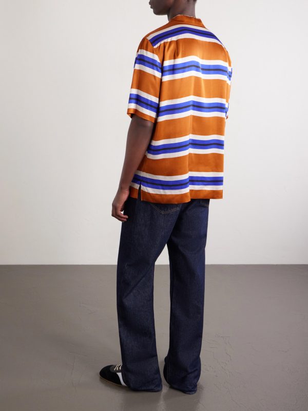Carltone Camp-Collar Striped Embellished Satin Shirt - BK Carltone Camp-Collar Striped Embellished Satin Shirt - BK