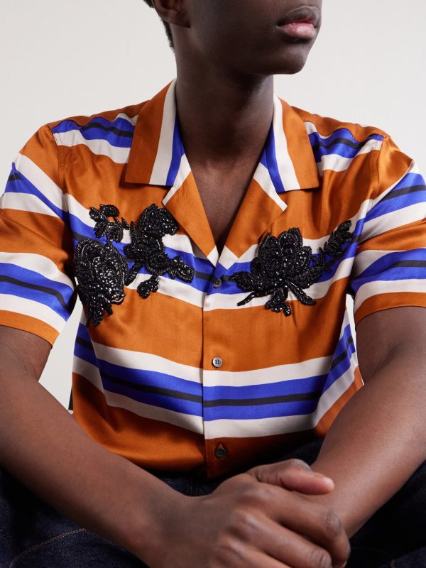 Carltone Camp-Collar Striped Embellished Satin Shirt - CU Carltone Camp-Collar Striped Embellished Satin Shirt - CU