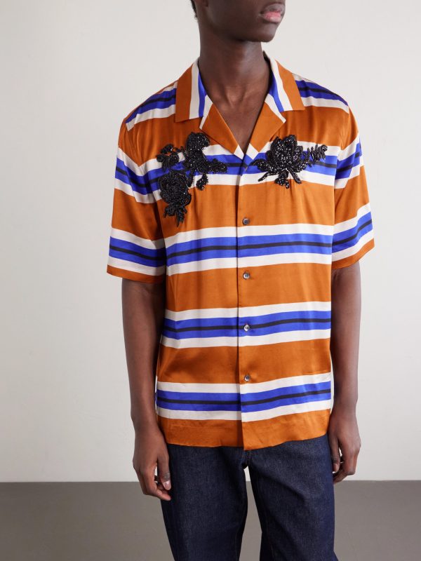 Carltone Camp-Collar Striped Embellished Satin Shirt - FR Carltone Camp-Collar Striped Embellished Satin Shirt - FR