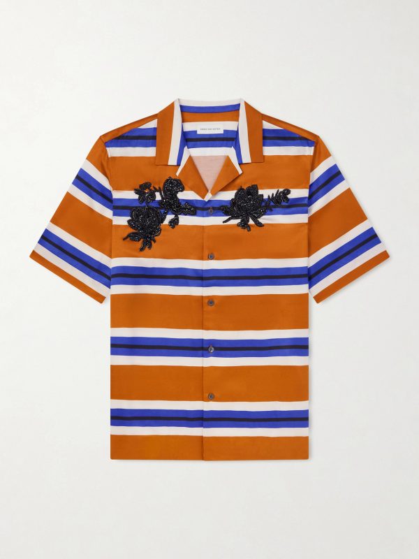 Carltone Camp-Collar Striped Embellished Satin Shirt Carltone Camp-Collar Striped Embellished Satin Shirt
