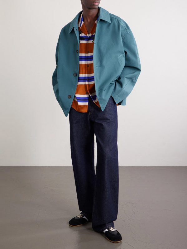 Carltone Camp-Collar Striped Embellished Satin Shirt - OU Carltone Camp-Collar Striped Embellished Satin Shirt - OU