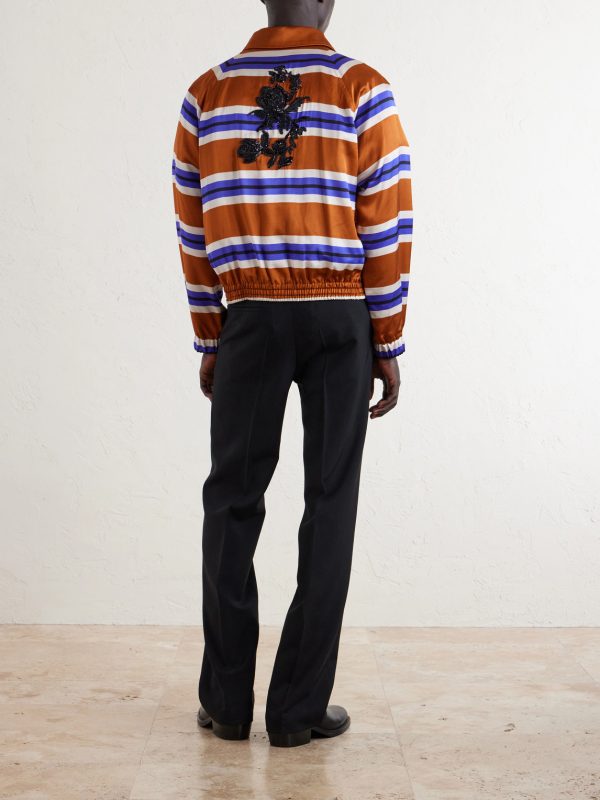 Vinny's Striped Embellished Satin Blouson Jacket - BK Vinny's Striped Embellished Satin Blouson Jacket - BK