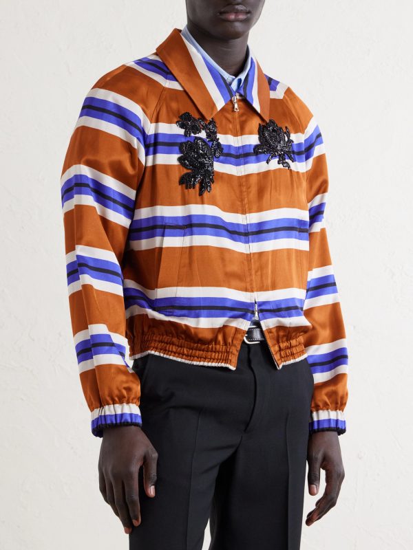 Vinny's Striped Embellished Satin Blouson Jacket - FR Vinny's Striped Embellished Satin Blouson Jacket - FR