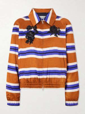 Vinny's Striped Embellished Satin Blouson Jacket Vinny's Striped Embellished Satin Blouson Jacket