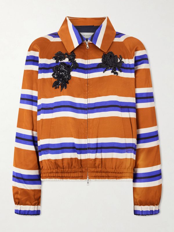Vinny's Striped Embellished Satin Blouson Jacket Vinny's Striped Embellished Satin Blouson Jacket