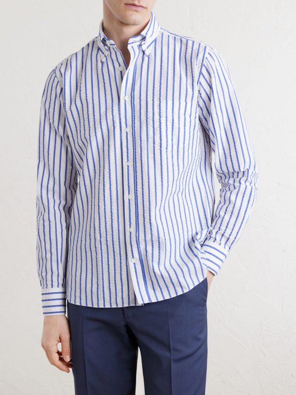 Button-Down Collar Striped Cotton-Seersucker Shirt - FR
