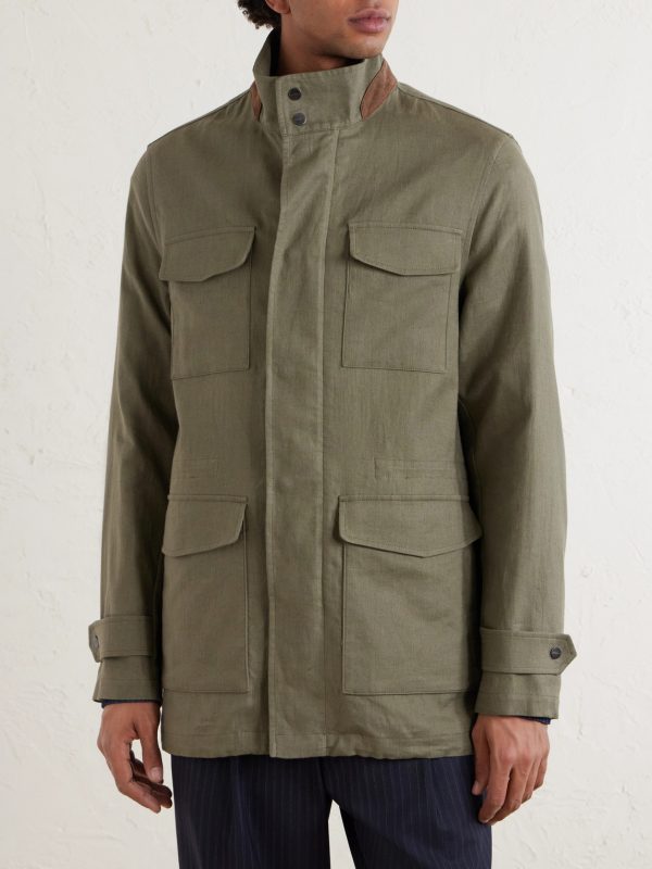 Suede-Trimmed Linen Field Jacket - FR Suede-Trimmed Linen Field Jacket - FR