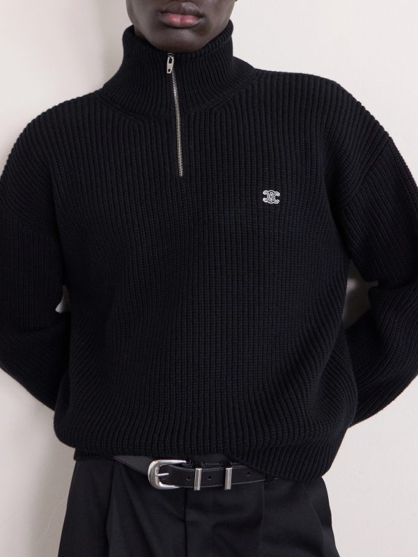 Logo-Embroidered Ribbed Wool Half-Zip Sweater - CU Logo-Embroidered Ribbed Wool Half-Zip Sweater - CU