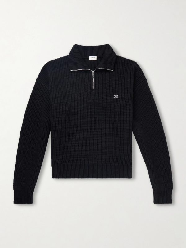 Logo-Embroidered Ribbed Wool Half-Zip Sweater Logo-Embroidered Ribbed Wool Half-Zip Sweater