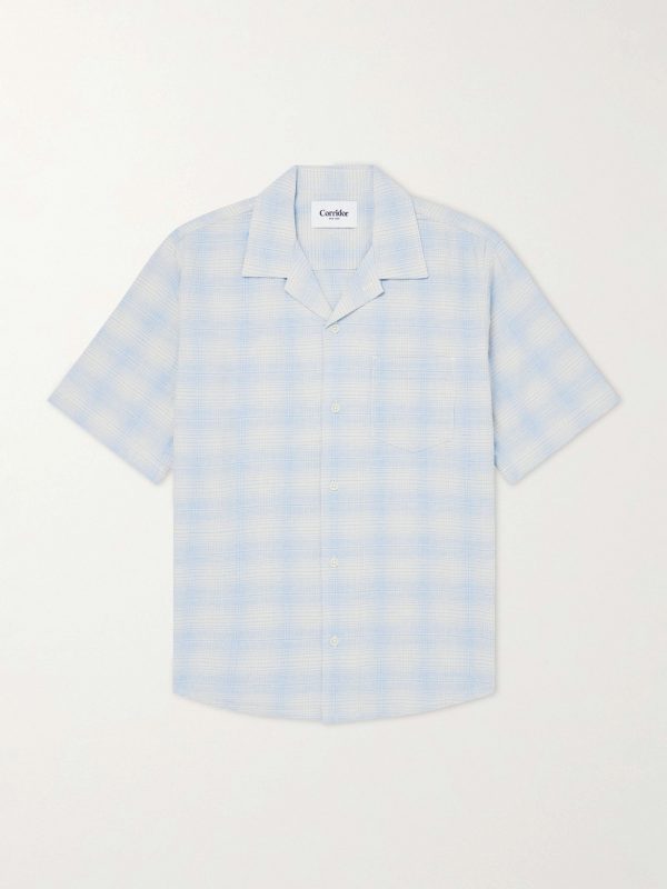 Camp-Collar Checked Cotton and Linen-Blend Shirt