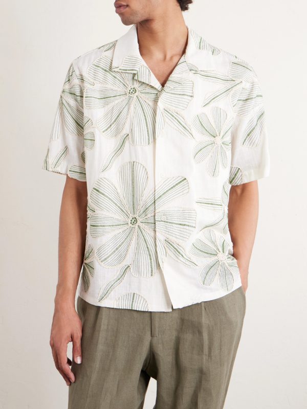 Camp-Collar Floral-Appliquéd Poplin Shirt - FR Camp-Collar Floral-Appliquéd Poplin Shirt - FR