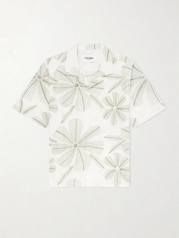 Camp-Collar Floral-Appliquéd Poplin Shirt Camp-Collar Floral-Appliquéd Poplin Shirt
