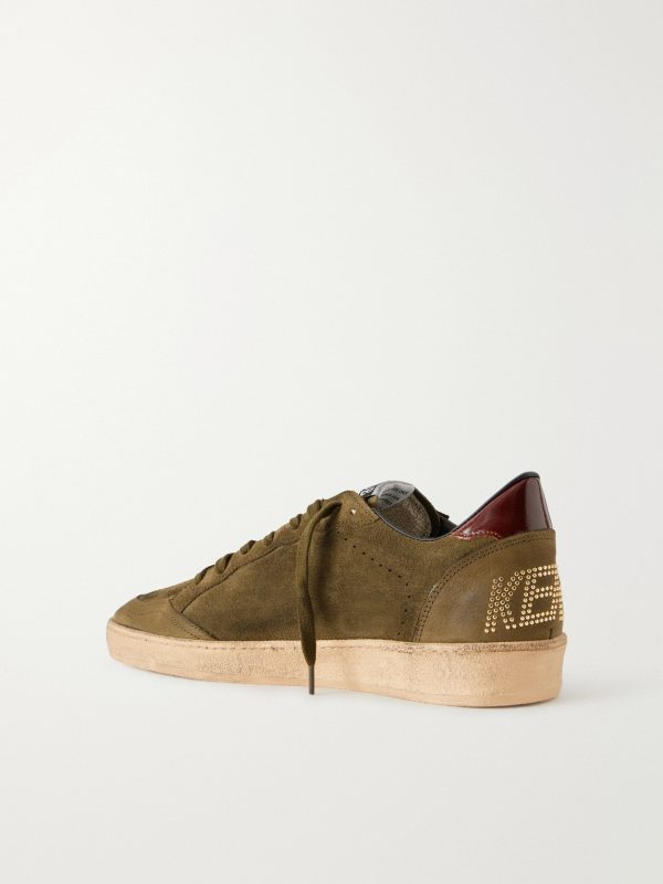 Ball Star Distressed Leather-Trimmed Studded Suede Sneakers - BK