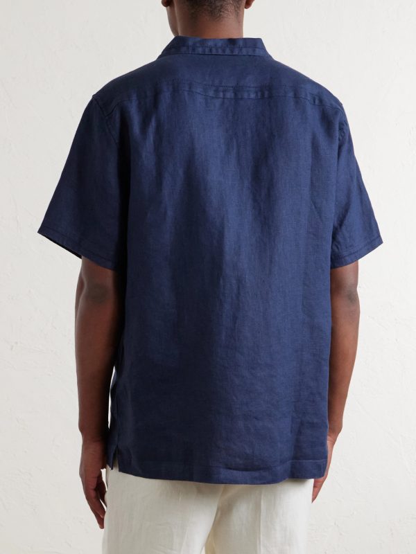 Camp-Collar Embroidered Pintucked Linen Shirt - BK Camp-Collar Embroidered Pintucked Linen Shirt - BK