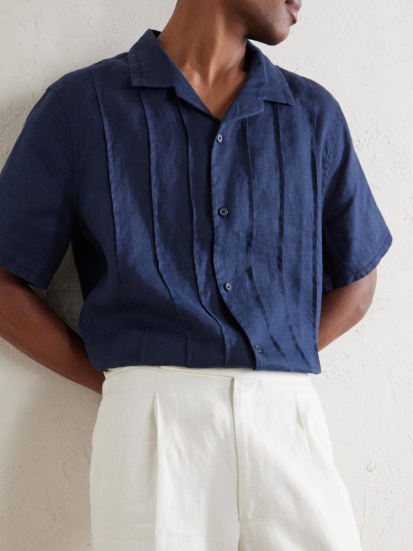 Camp-Collar Embroidered Pintucked Linen Shirt - CU Camp-Collar Embroidered Pintucked Linen Shirt - CU