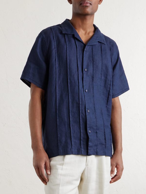 Camp-Collar Embroidered Pintucked Linen Shirt - FR Camp-Collar Embroidered Pintucked Linen Shirt - FR