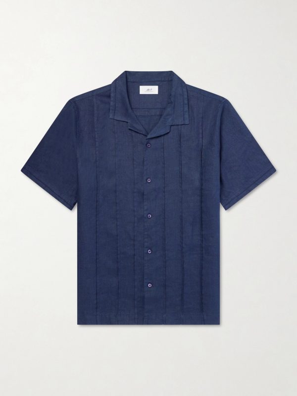 Camp-Collar Embroidered Pintucked Linen Shirt Camp-Collar Embroidered Pintucked Linen Shirt