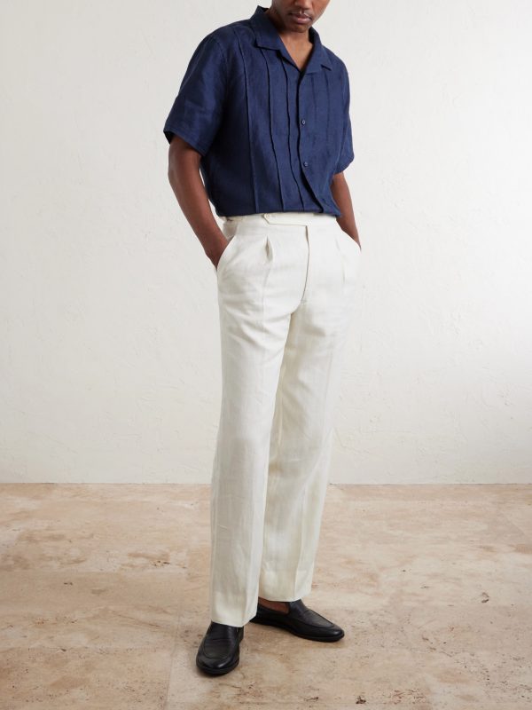 Camp-Collar Embroidered Pintucked Linen Shirt - OU Camp-Collar Embroidered Pintucked Linen Shirt - OU