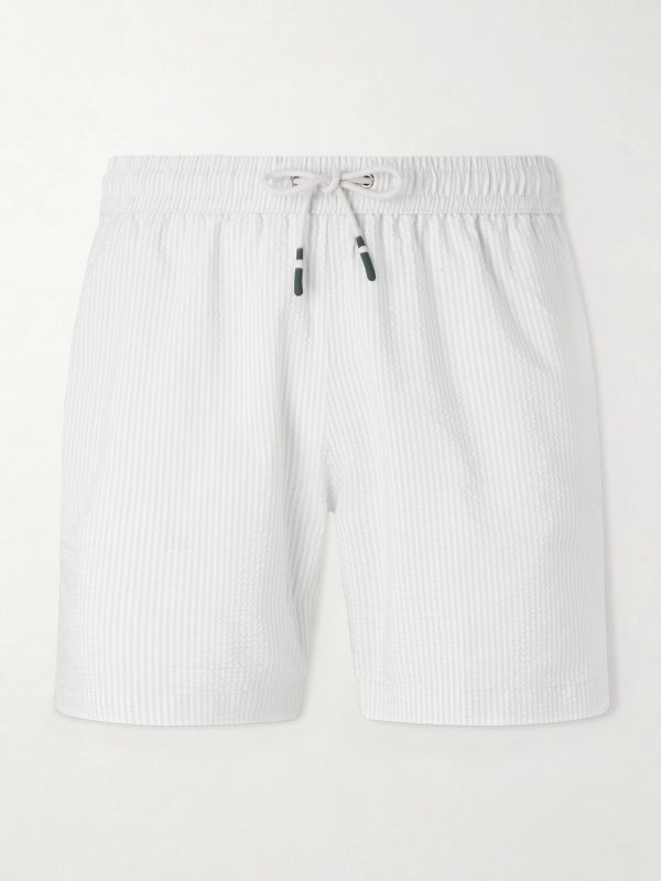 Straight-Leg Mid-Length Striped Seersucker Swim Shorts Straight-Leg Mid-Length Striped Seersucker Swim Shorts