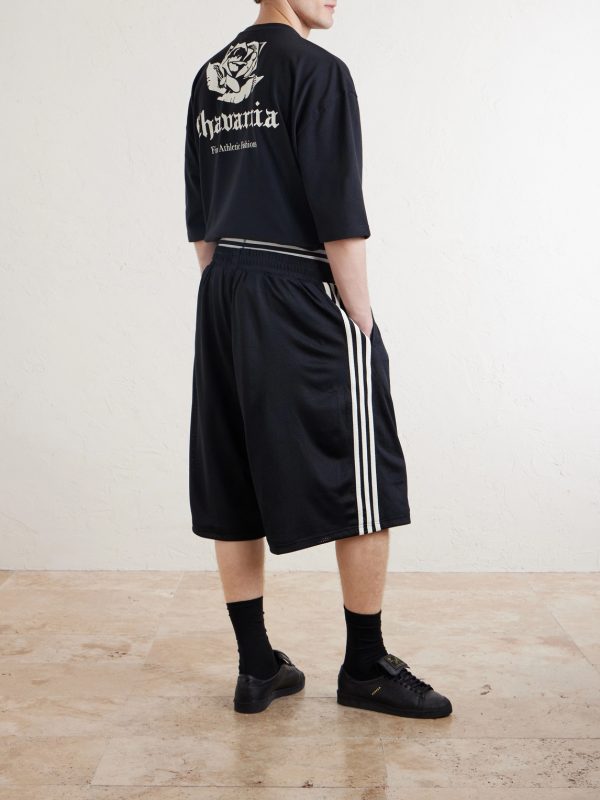 + Willy Chavarria Straight-Leg Striped Mesh Drawstring Shorts - BK + Willy Chavarria Straight-Leg Striped Mesh Drawstring Shorts - BK