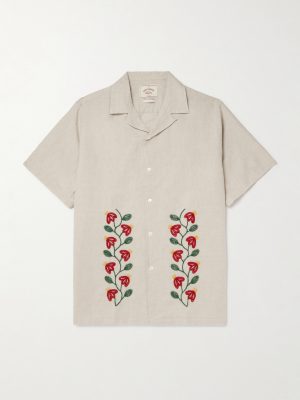 Branch Convertible-Collar Embroidered Linen and Cotton-Blend Shirt