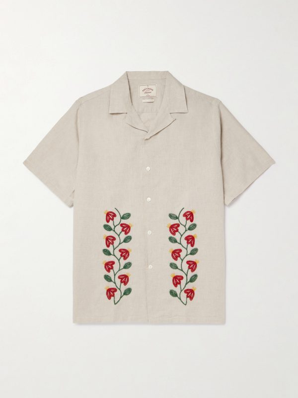 Branch Convertible-Collar Embroidered Linen and Cotton-Blend Shirt
