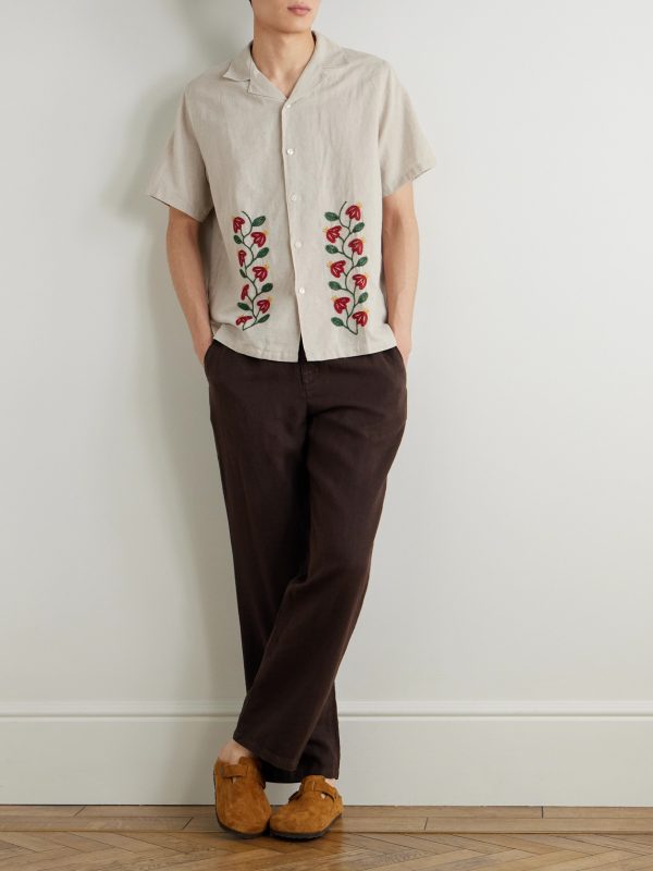 Branch Convertible-Collar Embroidered Linen and Cotton-Blend Shirt - OU