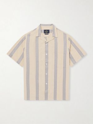 Lousada Camp-Collar Embroidered Striped Cotton Shirt
