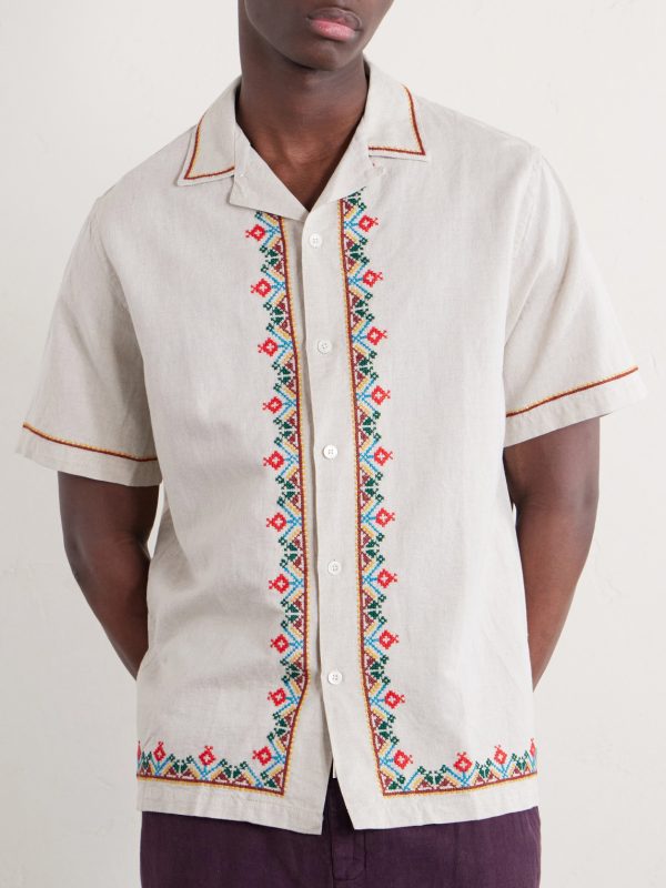 Convertible-Collar Embroidered Linen and Cotton-Blend Shirt - FR Convertible-Collar Embroidered Linen and Cotton-Blend Shirt - FR