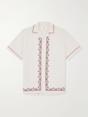 Convertible-Collar Embroidered Linen and Cotton-Blend Shirt