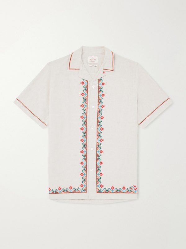 Convertible-Collar Embroidered Linen and Cotton-Blend Shirt Convertible-Collar Embroidered Linen and Cotton-Blend Shirt