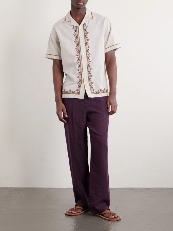 Convertible-Collar Embroidered Linen and Cotton-Blend Shirt - OU Convertible-Collar Embroidered Linen and Cotton-Blend Shirt - OU