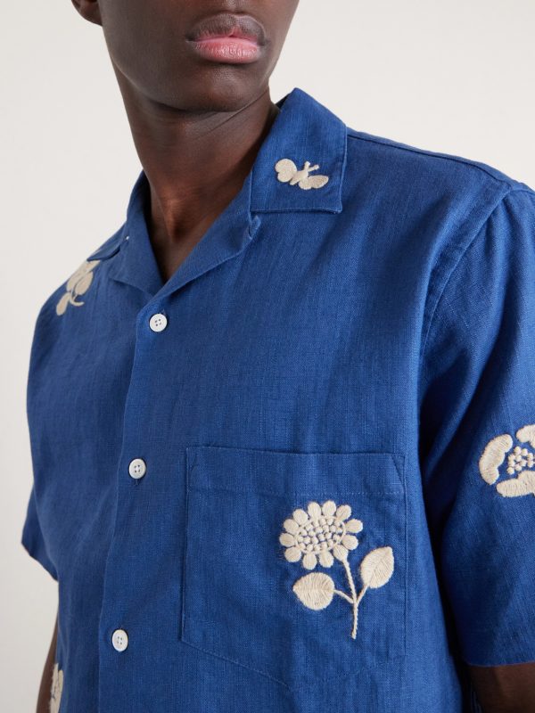 Convertible-Collar Embroidered Ramie Shirt - CU Convertible-Collar Embroidered Ramie Shirt - CU